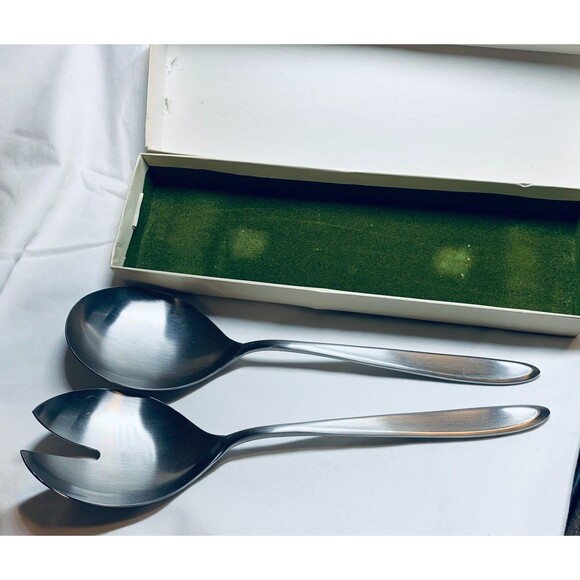 Vintage Serving Soup and Salad Spoons Mid Century Stainless Steel Japan Orig Box - Picture 2 of 3